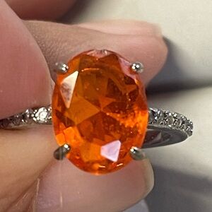 Elegant Orange Sapphire lab created Gemstone Ring on Rhodium Plated